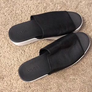 Vince Black Leather Platform Slides